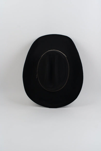 Black vegan suede cowboy hat with a lifted brim and faux leather band, view 4