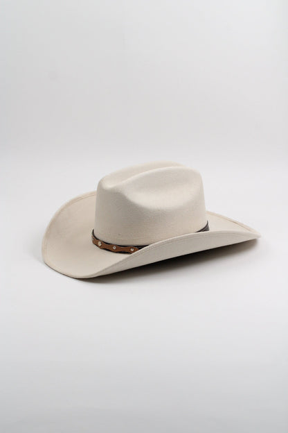 Ivory vegan suede cowboy hat with a lifted brim and faux leather band