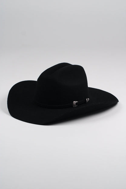 Black merino wool cattleman cowboy hat with a curved brim, view 2