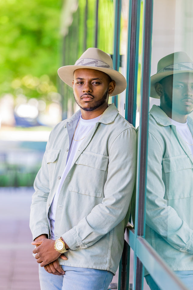 Sand colored alpaca wool felt fedora with a short brim and woven band, view 4