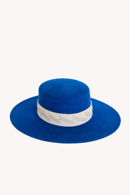 Electric blue alpaca wool felt Spanish style hat with a woven band
