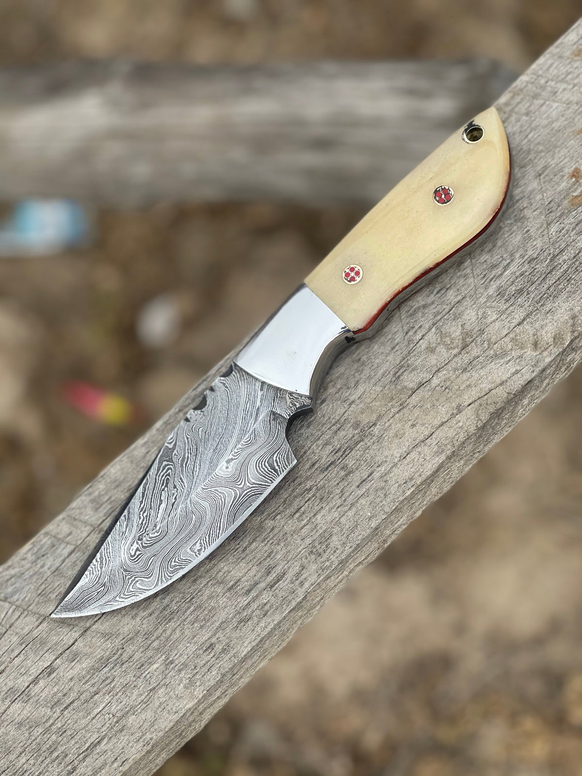 Damascus skinning knife with camel bone handle, steel bolster and leather sheath