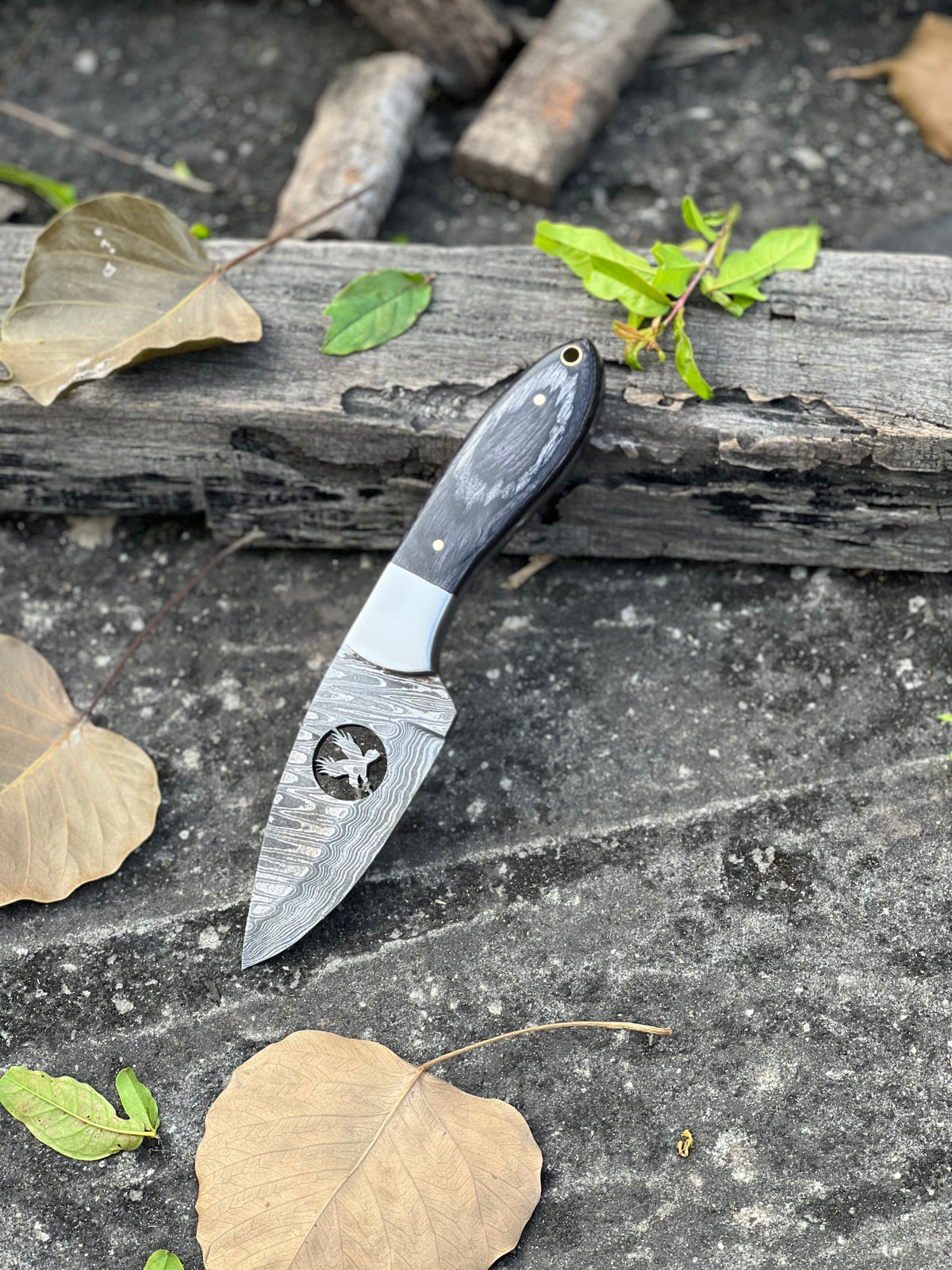 Damascus steel fixed blade hunting knife with wood handle and leather sheath