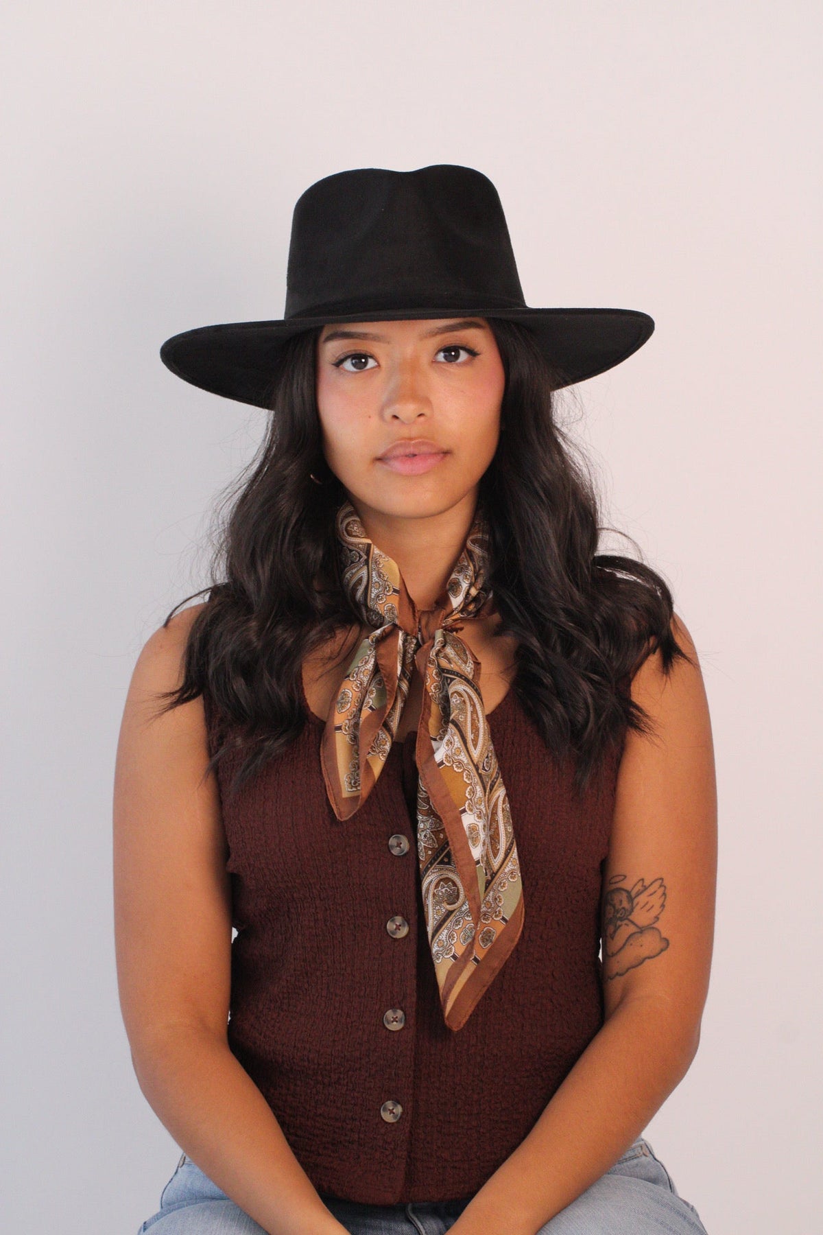 Black vegan suede rancher hat with a flat 3-inch brim, view 2