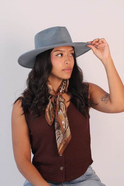 Peacock blue vegan suede rancher hat with a flat 3-inch brim, view 2