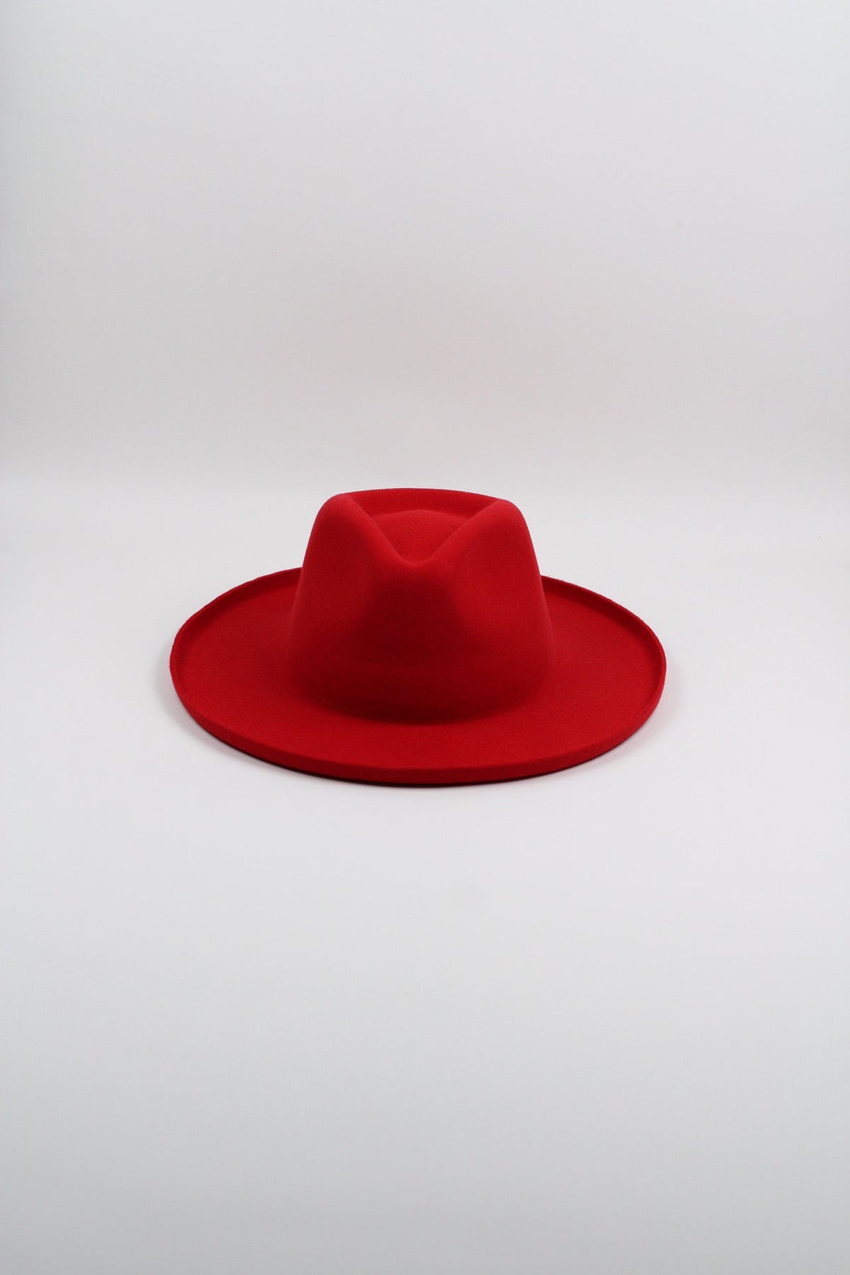 Cherry red wool felt hat with a teardrop crown and pencil-rolled brim, view 2
