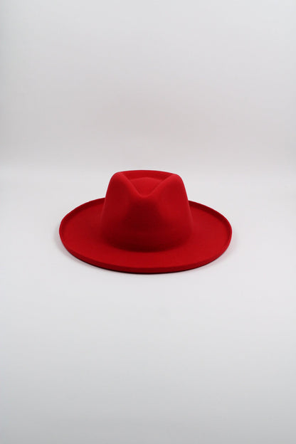 Cherry red wool felt hat with a teardrop crown and pencil-rolled brim, view 2
