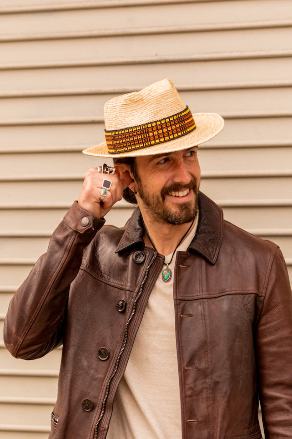 Natural palm leaf straw fedora with a woven hatband, view 2