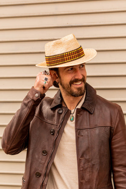 Natural palm leaf straw fedora with a woven hatband, view 2