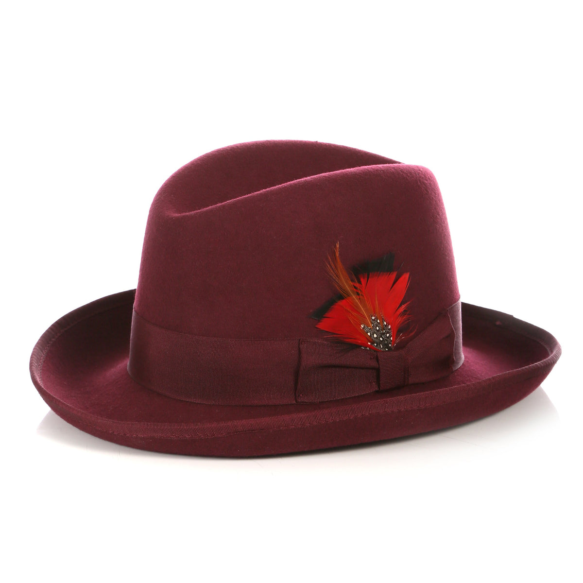 Ferrecci Godfather fedora in burgundy wool felt with grosgrain band and feather