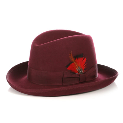 Ferrecci Godfather fedora in burgundy wool felt with grosgrain band and feather
