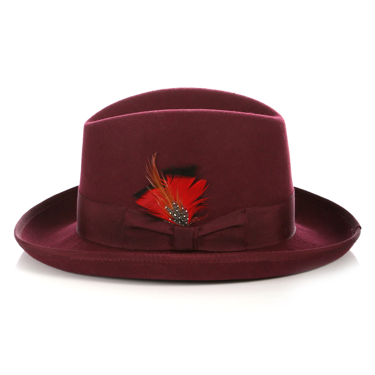 Burgundy Godfather fedora, side view of the crown and brim