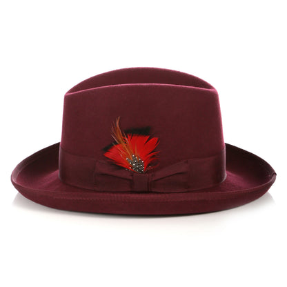 Burgundy Godfather fedora, side view of the crown and brim