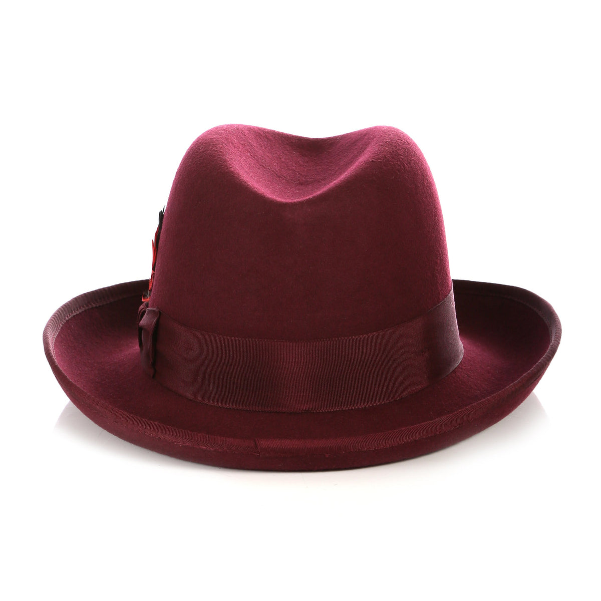 Burgundy Godfather fedora, detail of the band and feather accent