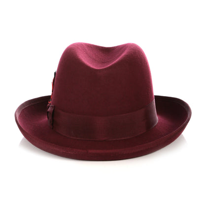 Burgundy Godfather fedora, detail of the band and feather accent