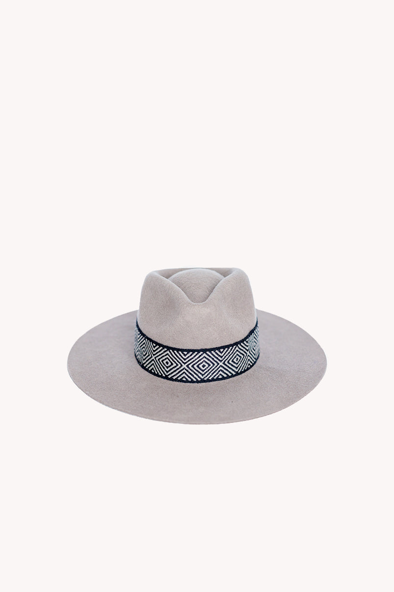 Light gray alpaca wool felt Western hat with a woven hatband