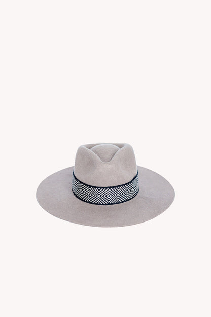 Light gray alpaca wool felt Western hat with a woven hatband
