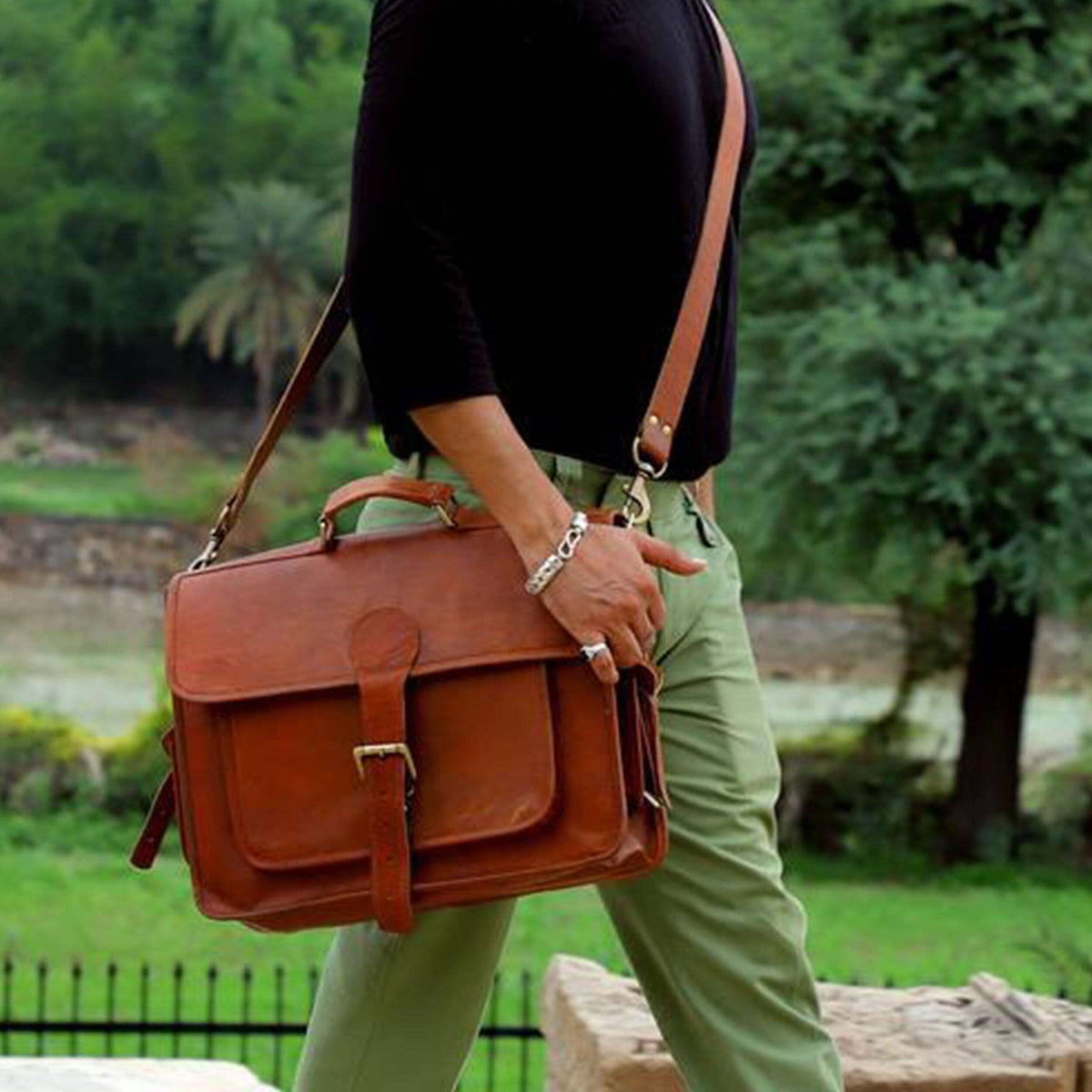 Natural brown goat leather laptop messenger bag with buckled front pocket, view 2