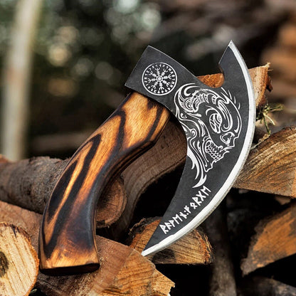Hand-engraved steel pizza axe with wooden handle and leather sheath