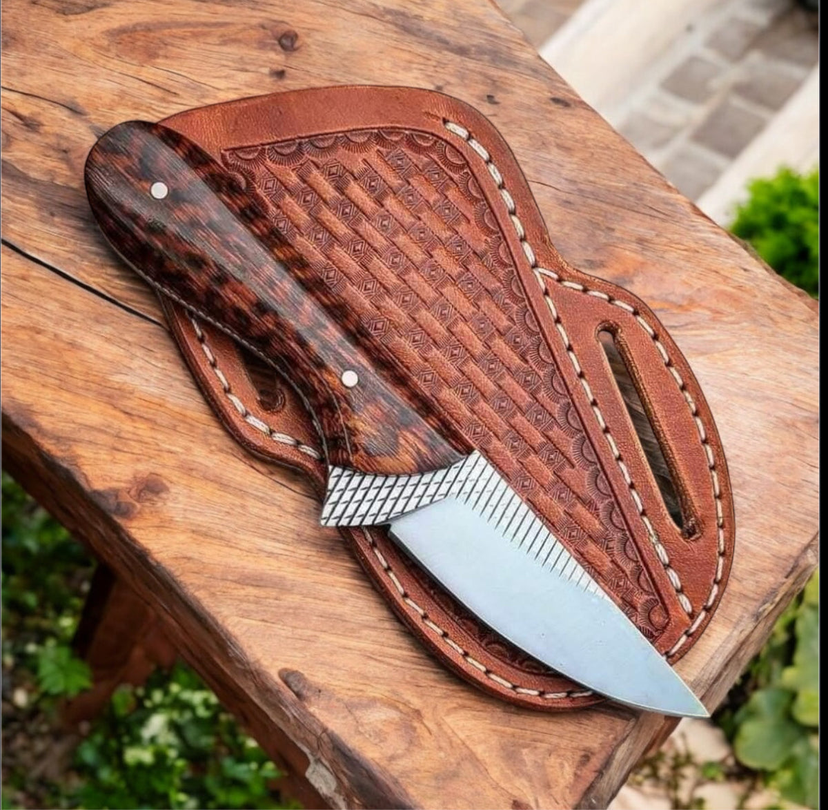 Rasp steel Western knife with figured snake wood handle and leather belt sheath
