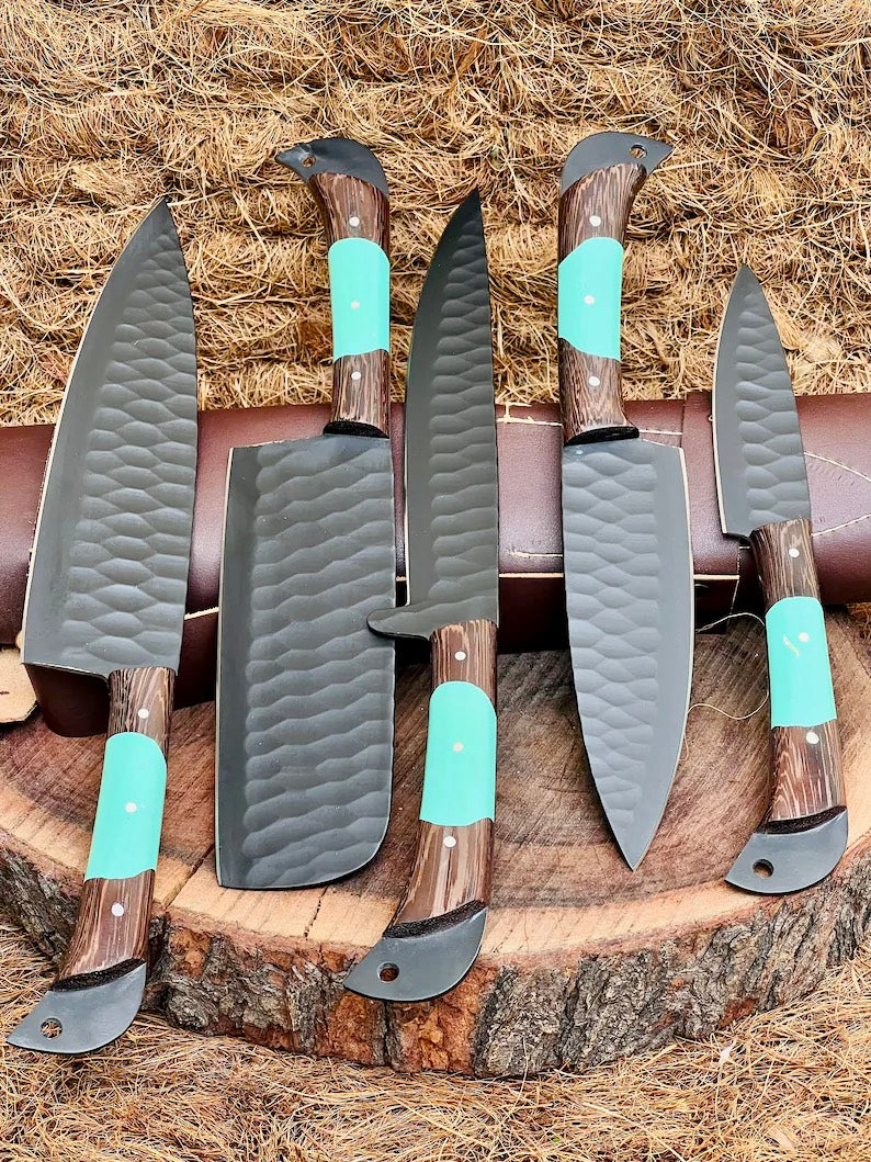 Stainless chef knife with dark wenge wood and resin handle and leather sheath