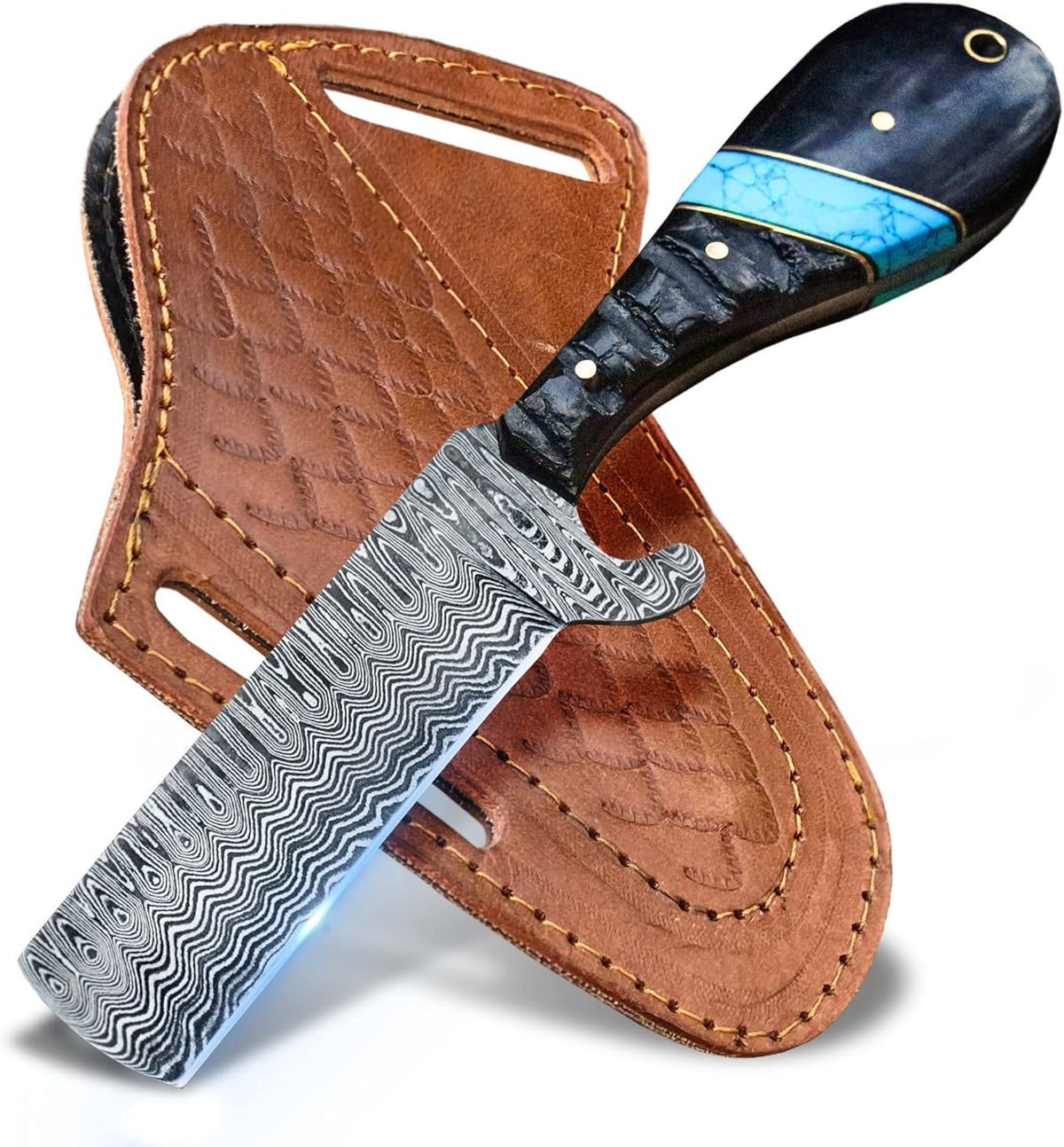 Damascus bull cutter knife with resin or sheep horn handle and leather sheath