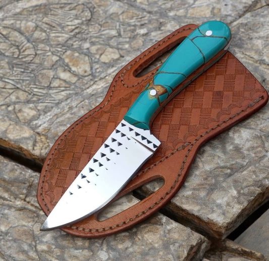 Rasp steel cowboy knife with resin handle and leather belt sheath