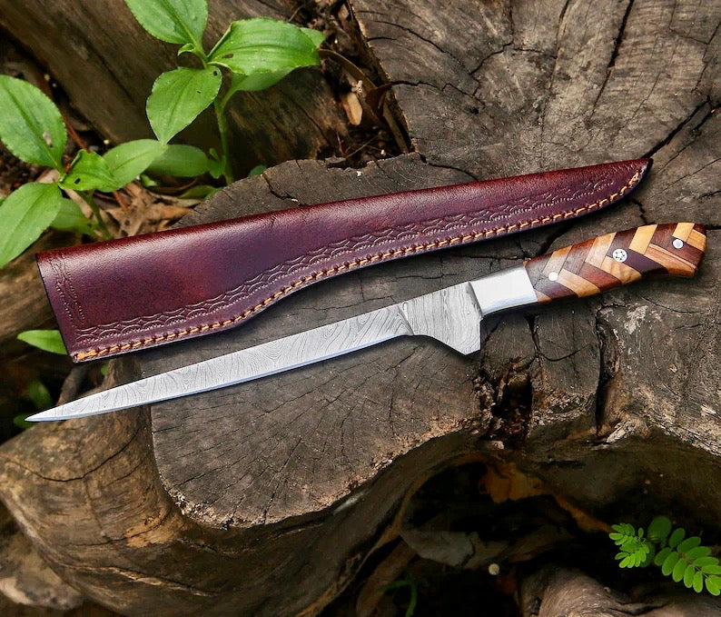 Flexible Damascus fillet knife with rosewood and olive wood handle and leather sheath