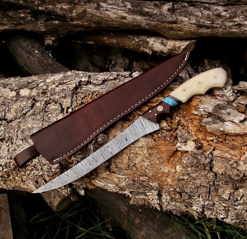 Damascus fillet and boning knife with camel bone and rosewood handle