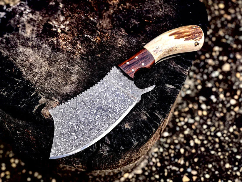 Damascus steel cleaver with antler horn handle, rosewood bolster and leather sheath