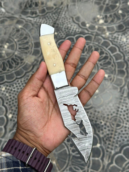 The 5-Inch Camel Bone Damascus Belt Knife | Texan Knives