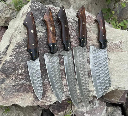 Damascus steel fixed blade knife with rosewood handle and leather sheath