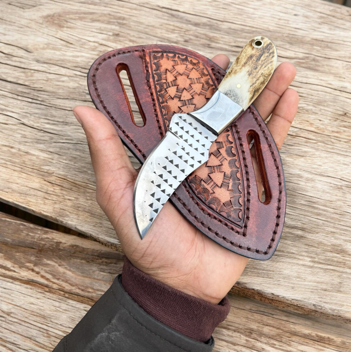 Rasp tool steel ranch knife with stag horn handle and leather sheath