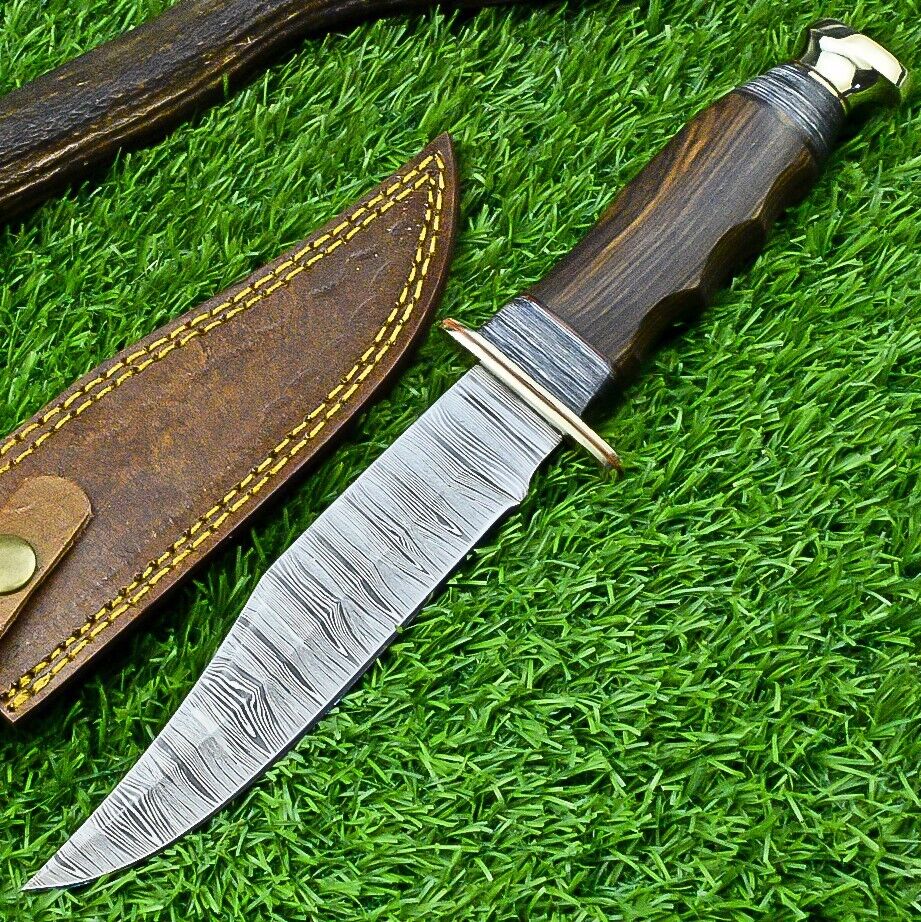Large Damascus steel belt knife with rosewood handle, brass guard and leather sheath