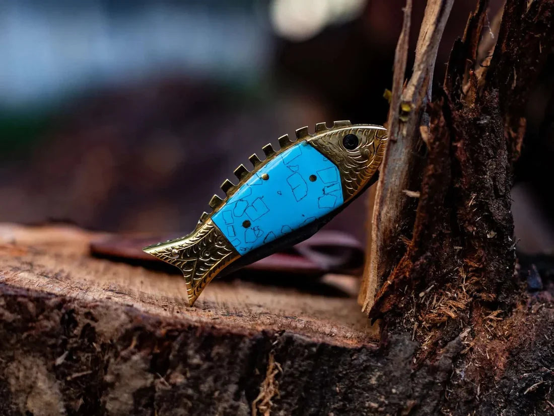 Fish Style Damascus Folding Knife, Resin and Brass by Texan Knives, view 4