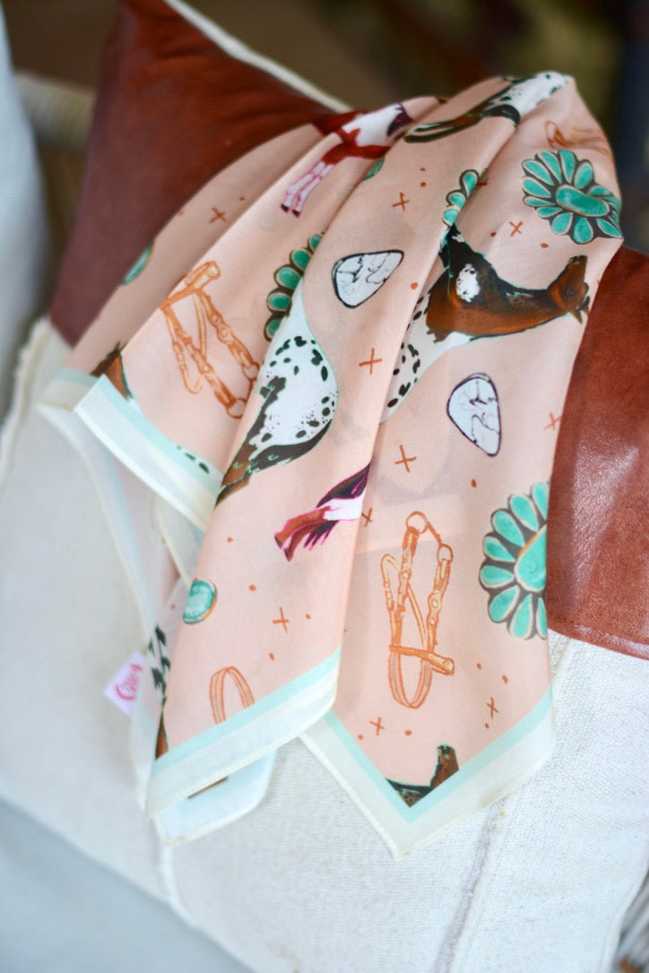 Peachy pink wild rag with paint and Appaloosa horses, turquoise jewelry and vintage tack, view 4