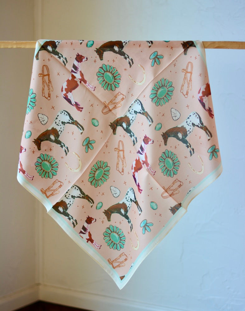 Peachy pink wild rag with paint and Appaloosa horses, turquoise jewelry and vintage tack, view 3