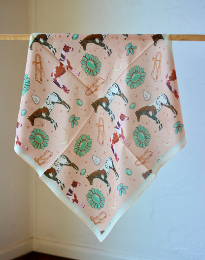 Peachy pink wild rag with paint and Appaloosa horses, turquoise jewelry and vintage tack, view 3