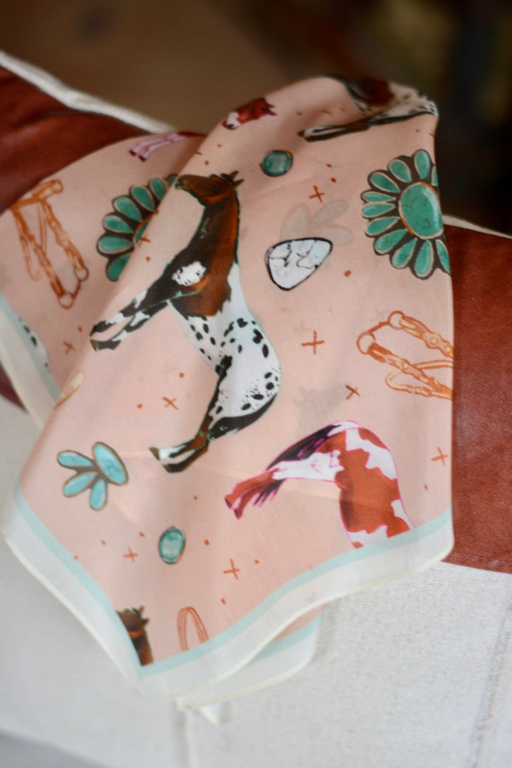 Turquoise and Peach Horses Wild Rag by Tirzah Lane Art