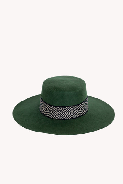 Hunter green alpaca wool felt Spanish style hat with a woven band, view 3