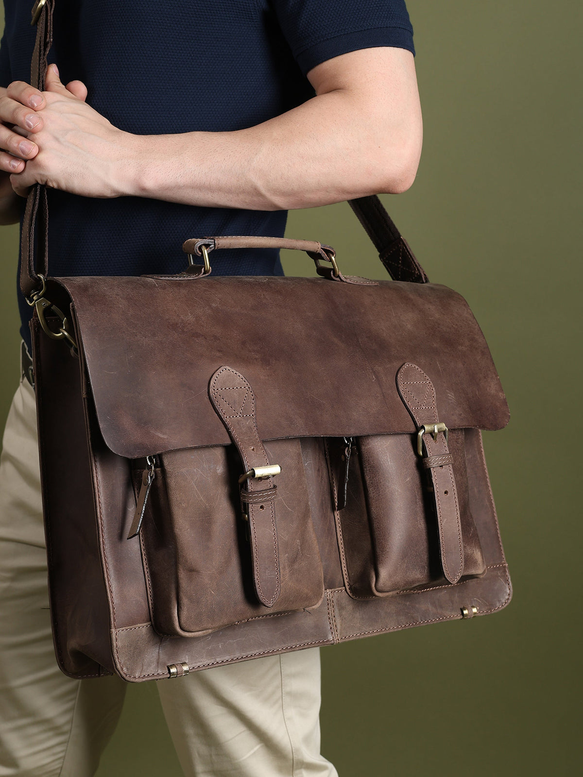 Vintage brown buffalo leather messenger bag with push-clip flap and shoulder strap, view 4