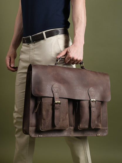 Vintage brown buffalo leather messenger bag with push-clip flap and shoulder strap, view 2