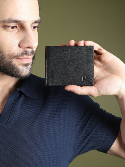 Black leather card wallet open to show yellow leather interior, view 4