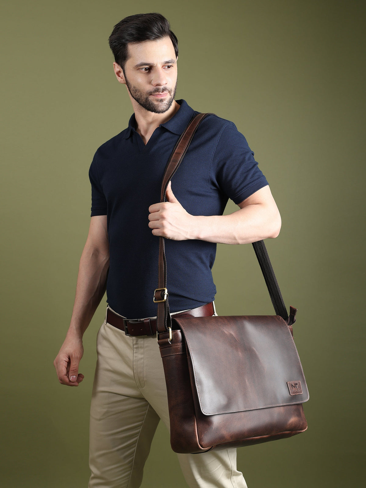Dark brown buffalo leather laptop messenger bag with flap and shoulder strap, view 3