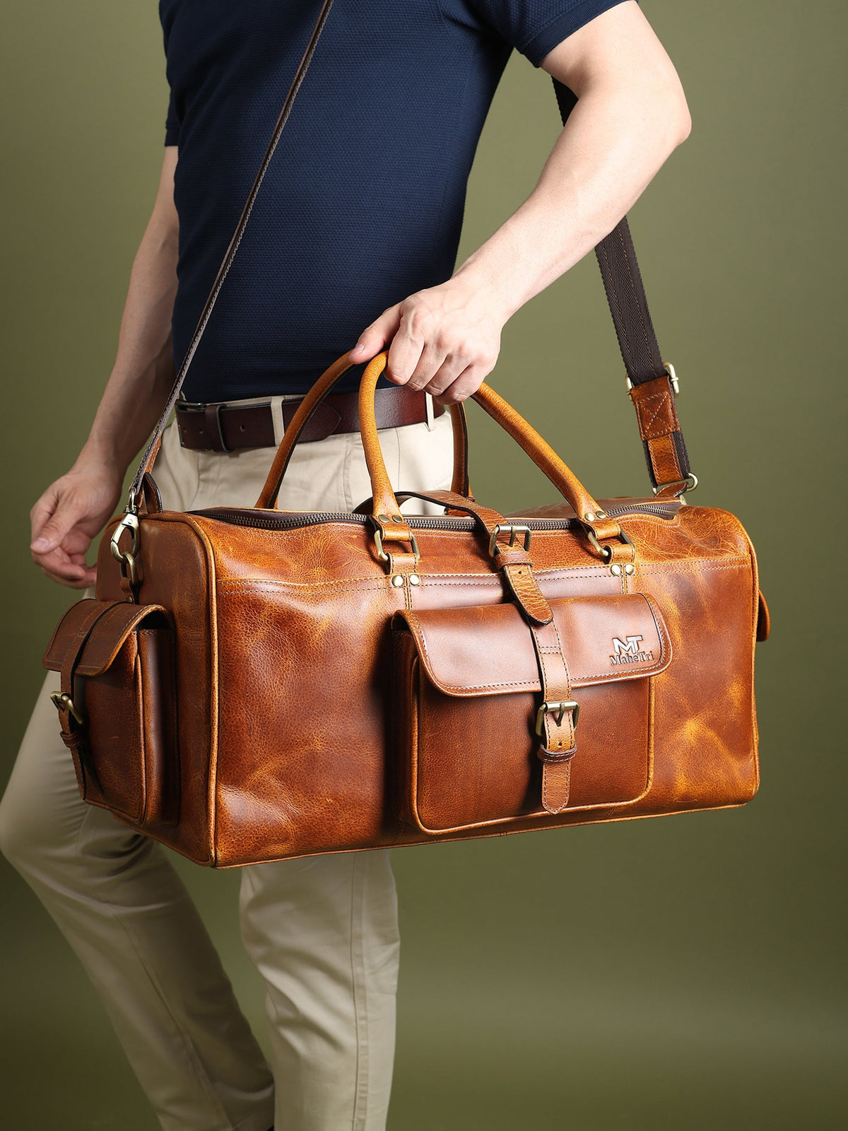 Full-grain leather weekender duffle with brass hardware and shoulder strap, view 4