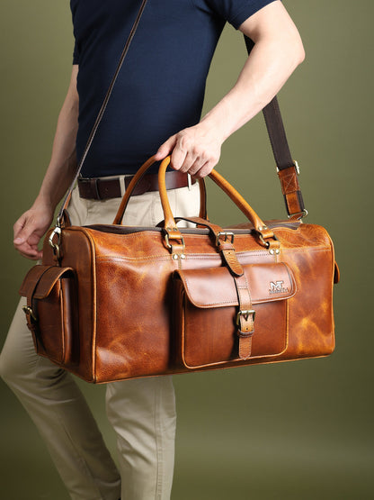 Full-grain leather weekender duffle with brass hardware and shoulder strap, view 4