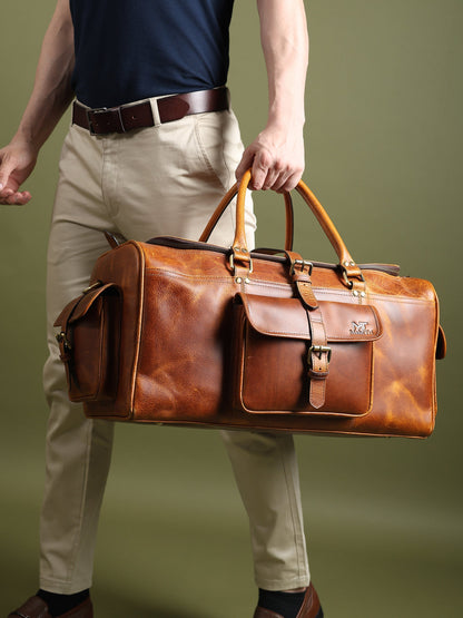 Full-grain leather weekender duffle with brass hardware and shoulder strap, view 2