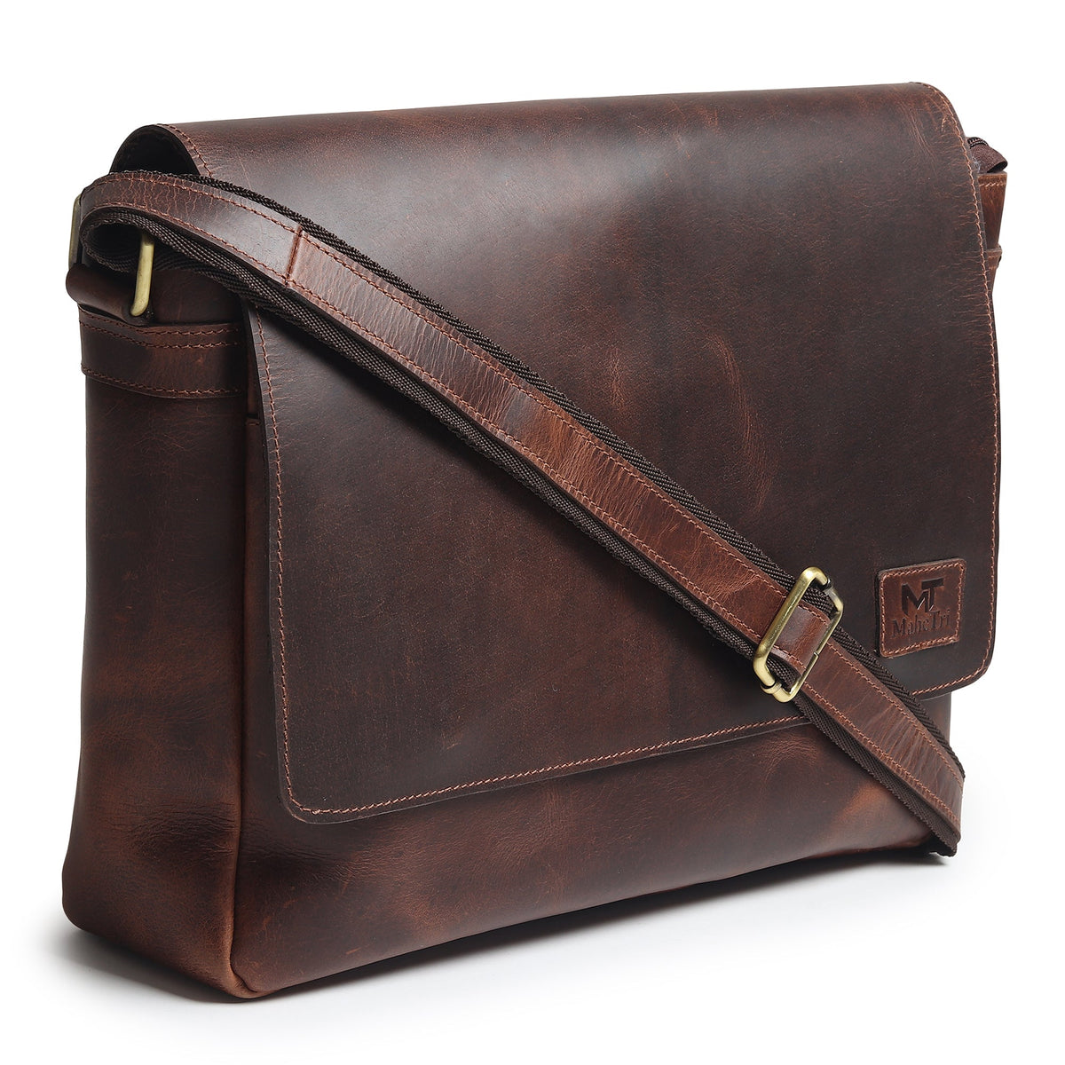 Dark brown buffalo leather laptop messenger bag with flap and shoulder strap, view 2