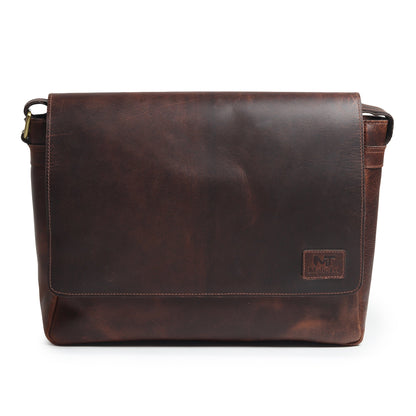 Dark brown buffalo leather laptop messenger bag with flap and shoulder strap