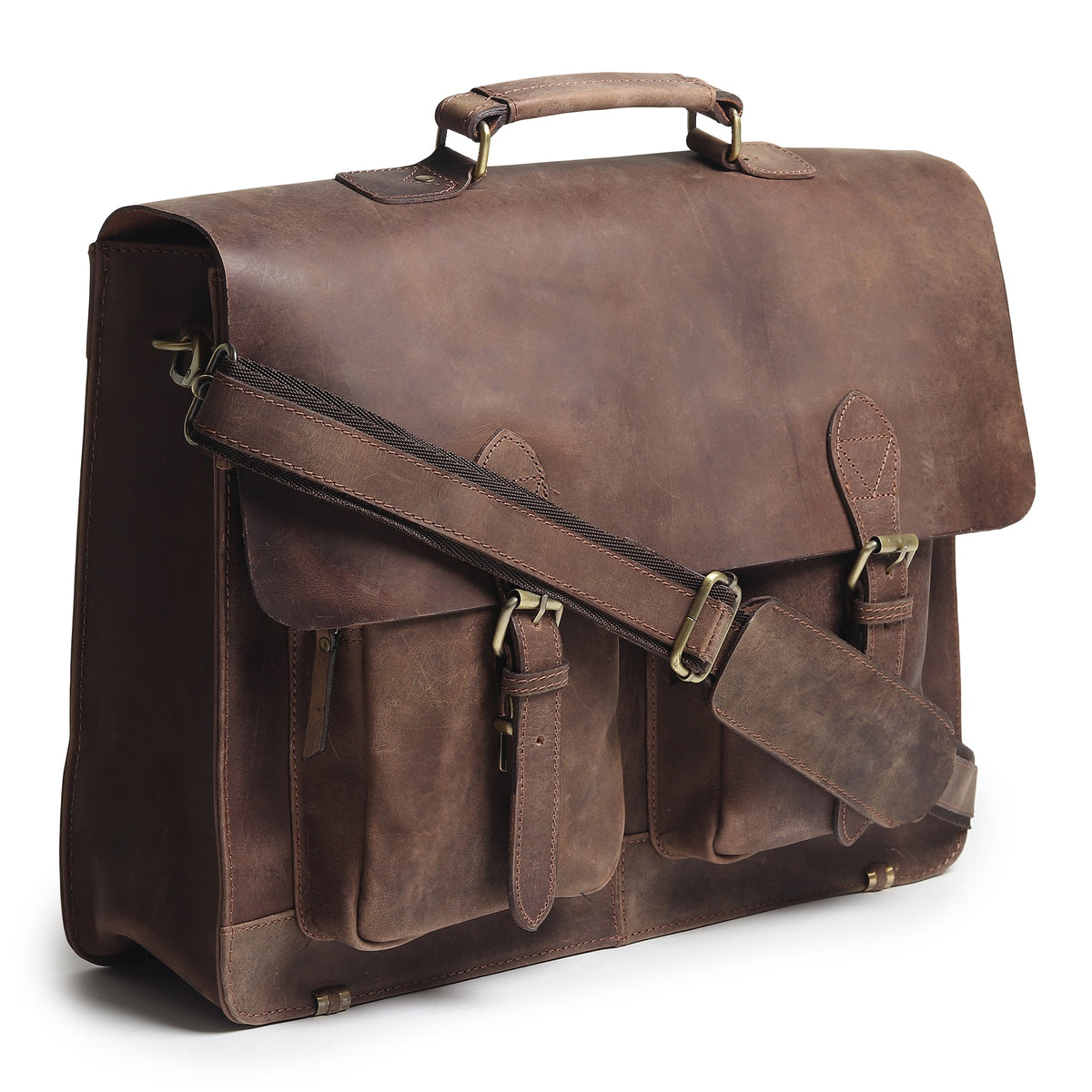 Vintage brown buffalo leather messenger bag with push-clip flap and shoulder strap, view 3